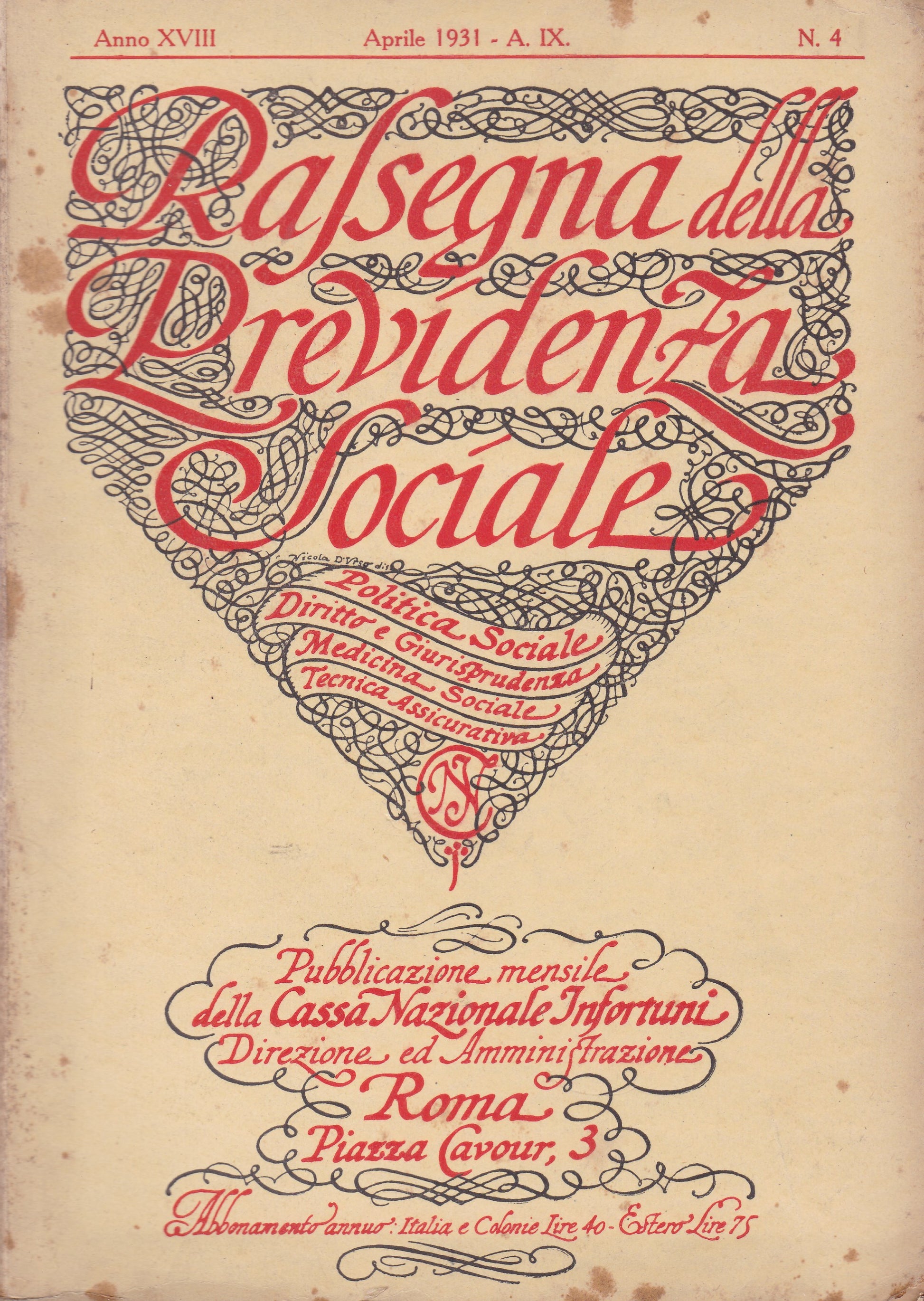 Rassegna della Previdenza Sociale. XVIII. N. 4. Aprile 1931. - copertina