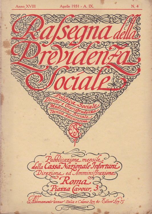 Rassegna della Previdenza Sociale. XVIII. N. 4. Aprile 1931. - copertina