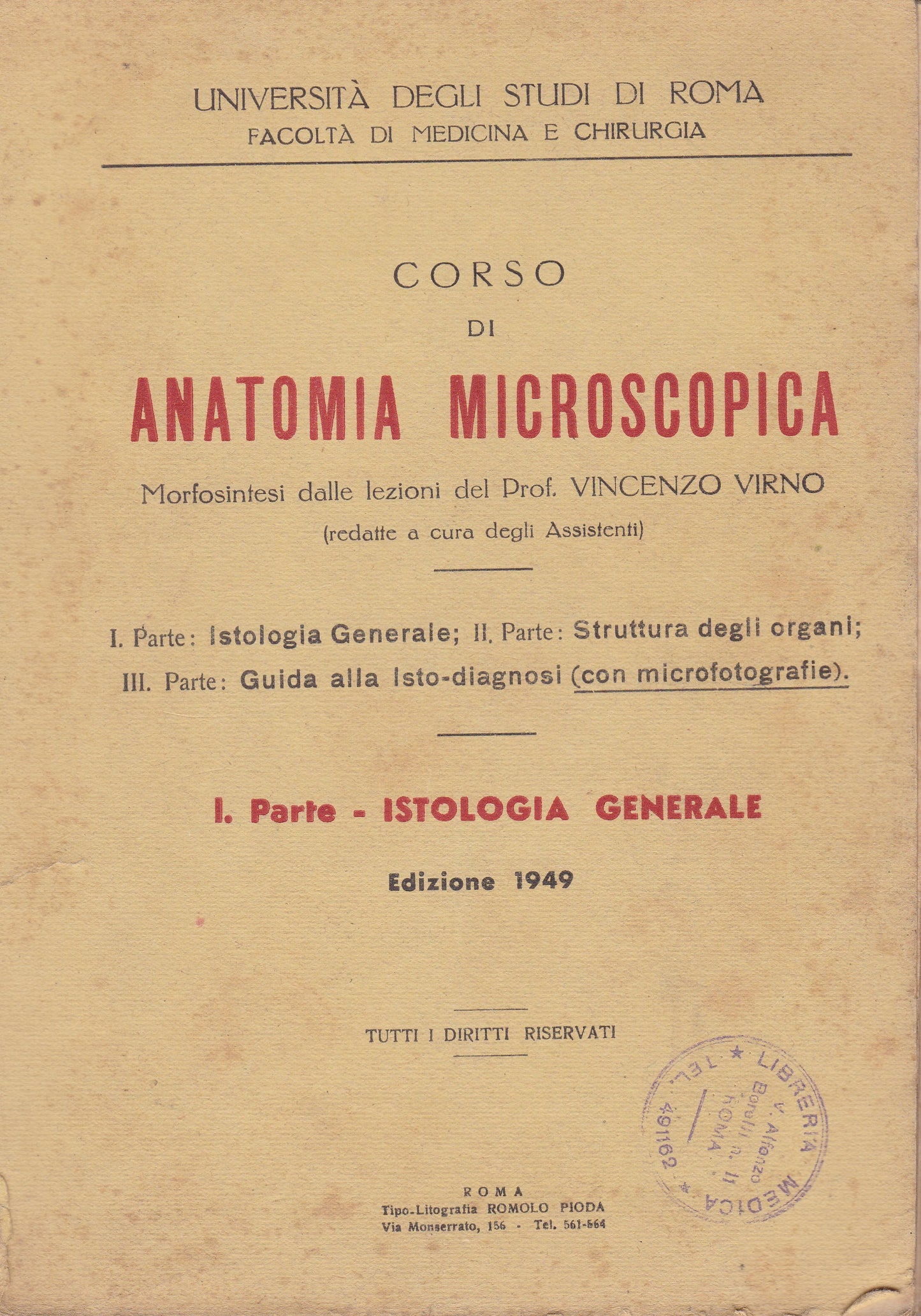 Corso di anatomia microscopica. I. Istologia generale. - copertina