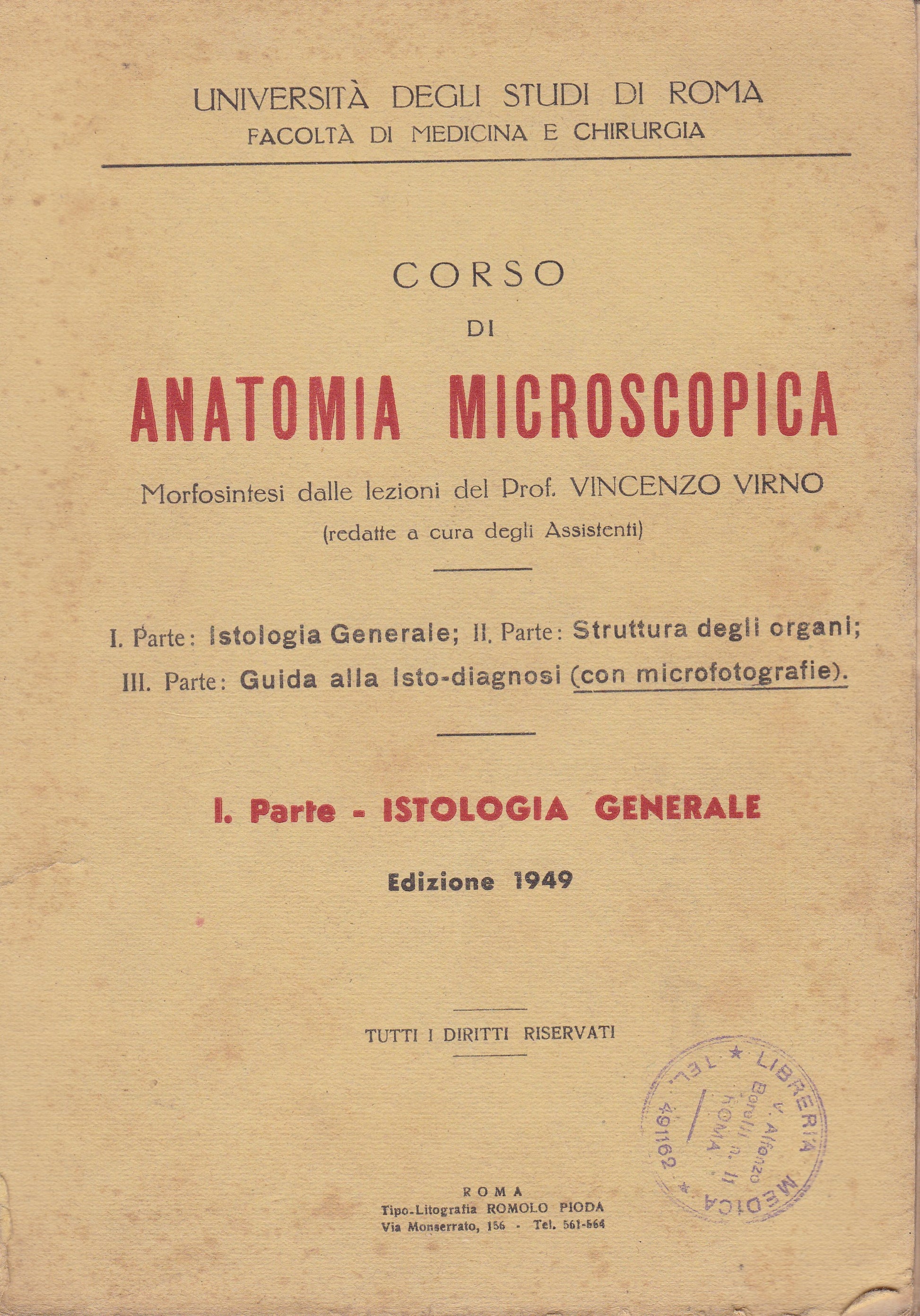 Corso di anatomia microscopica. I. Istologia generale. - copertina