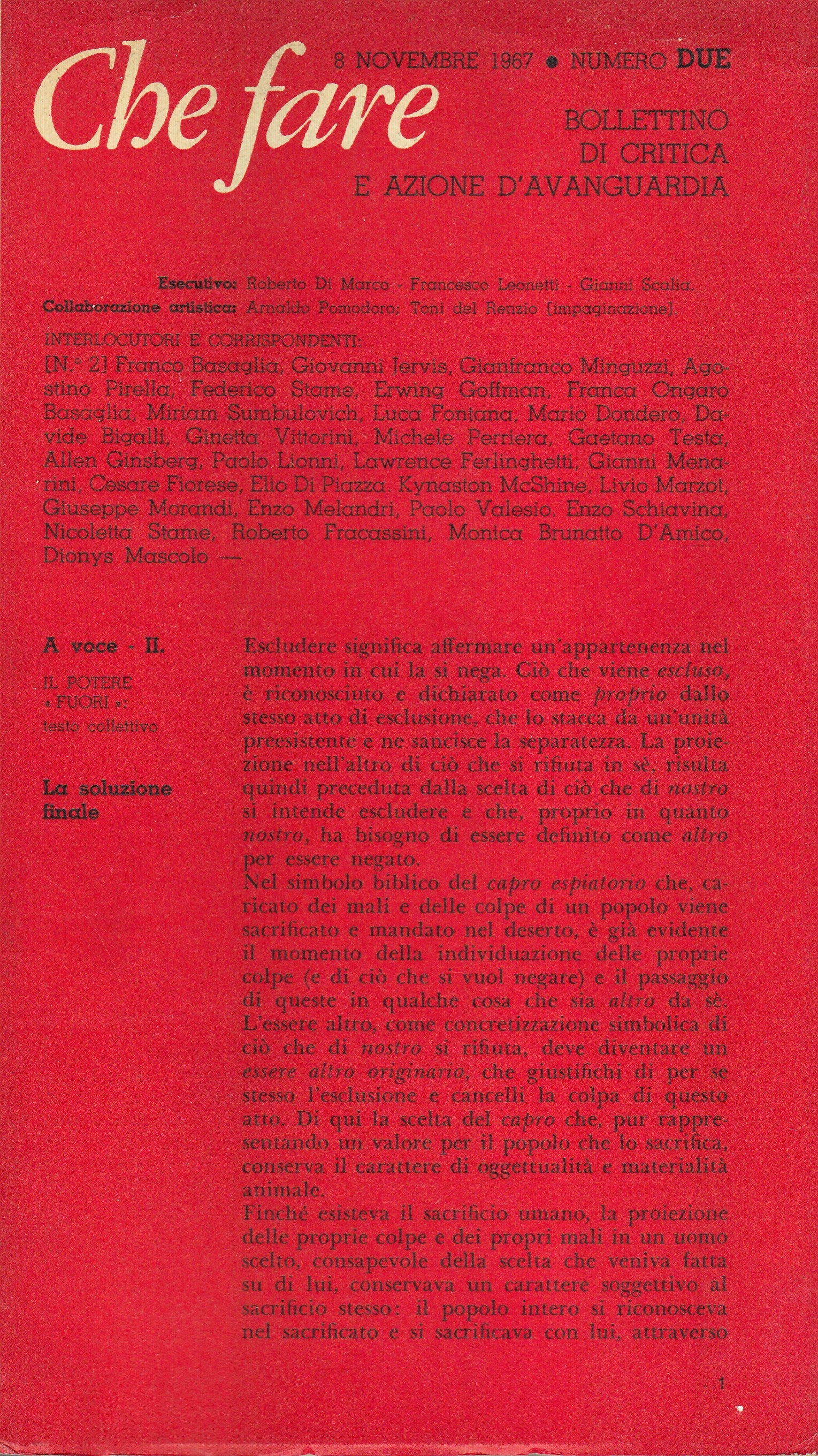 Che fare. Bollettino di critica e azione d'avanguardia. N. 2. 8 novembre 1967. - copertina