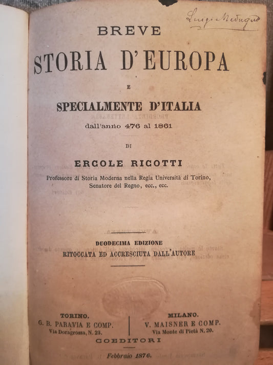 Breve storia d'Europa e specialmente d'Italia dall' anno 476 al 1861. - copertina