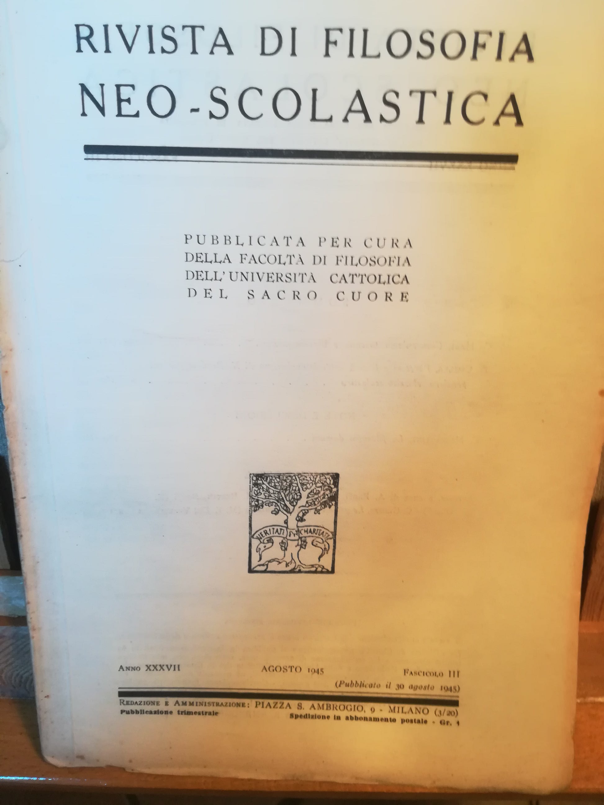 Rivista di filosofia neo-scolastica. Anno XXXVII. Agosto 1945. III. - copertina