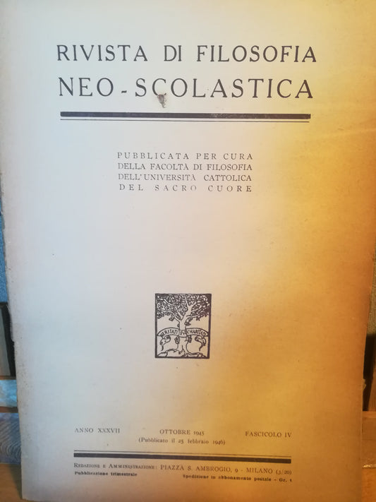 Rivista di filosofia neo-scolastica. Anno XXXVII. Ottobre 1945 (pubbl. 25.2.1946). IV. - copertina