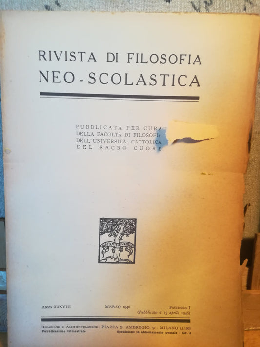 Rivista di filosofia neo-scolastica. Anno XXXVIII. Marzo 1946. I. - copertina