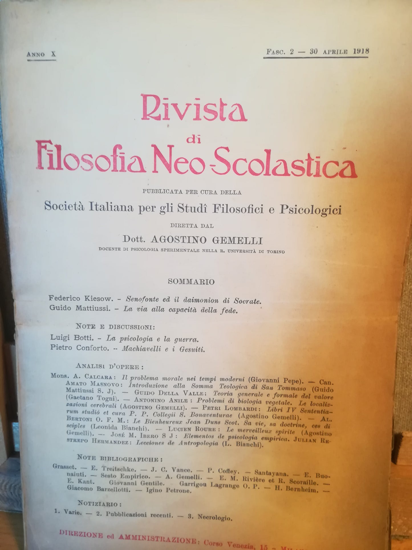 Rivista di filosofia neo-scolastica. Anno X. 30 aprile 1918. Direttore: Agostino Gemelli. - copertina