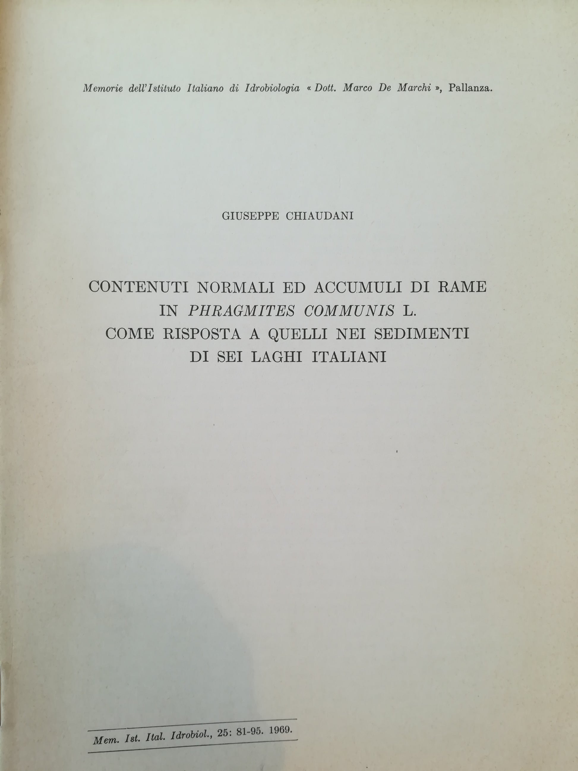 Contenuti normali ed accumuli di rame in Phragmites Communis L. come risposta a quelli nei sedimenti di sei laghi italiani. - copertina