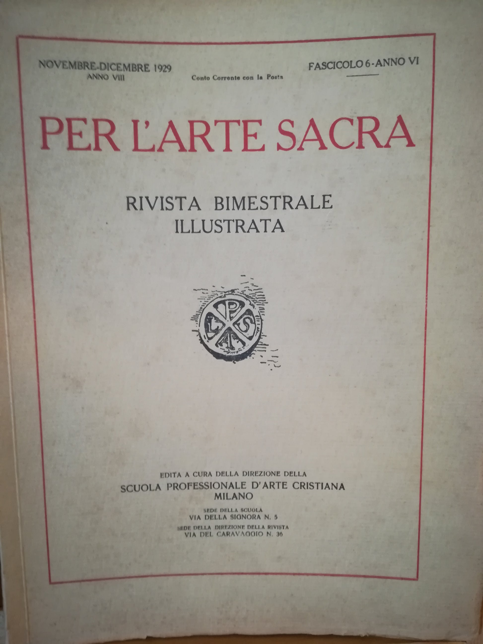 Per l'arte sacra. Rivista bimestrale illustrata. 6. Novembre-dicembre 1929. - copertina