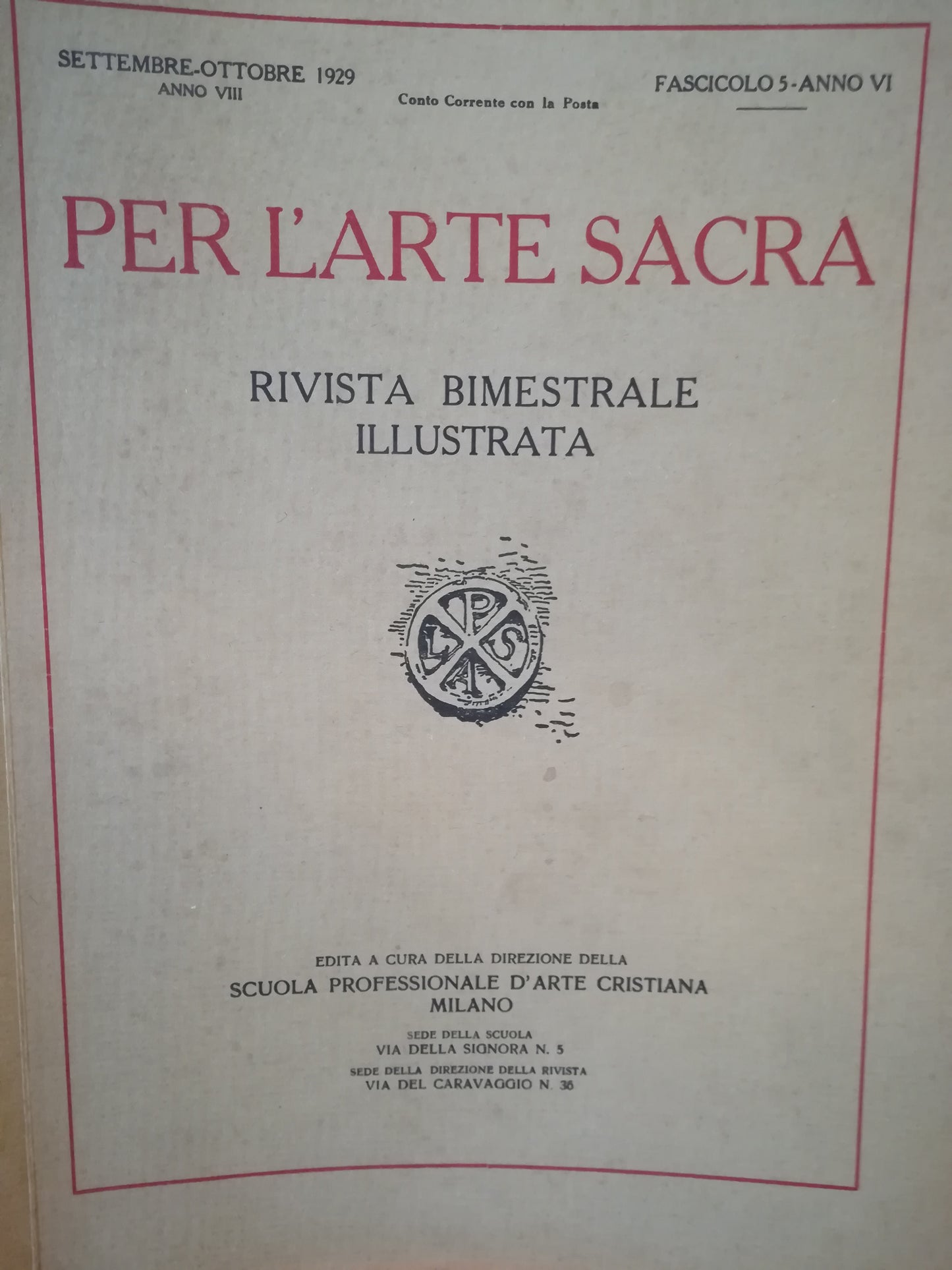 Per l'arte sacra. Rivista bimestrale illustrata. 5. Settembre-ottobre 1929. - copertina