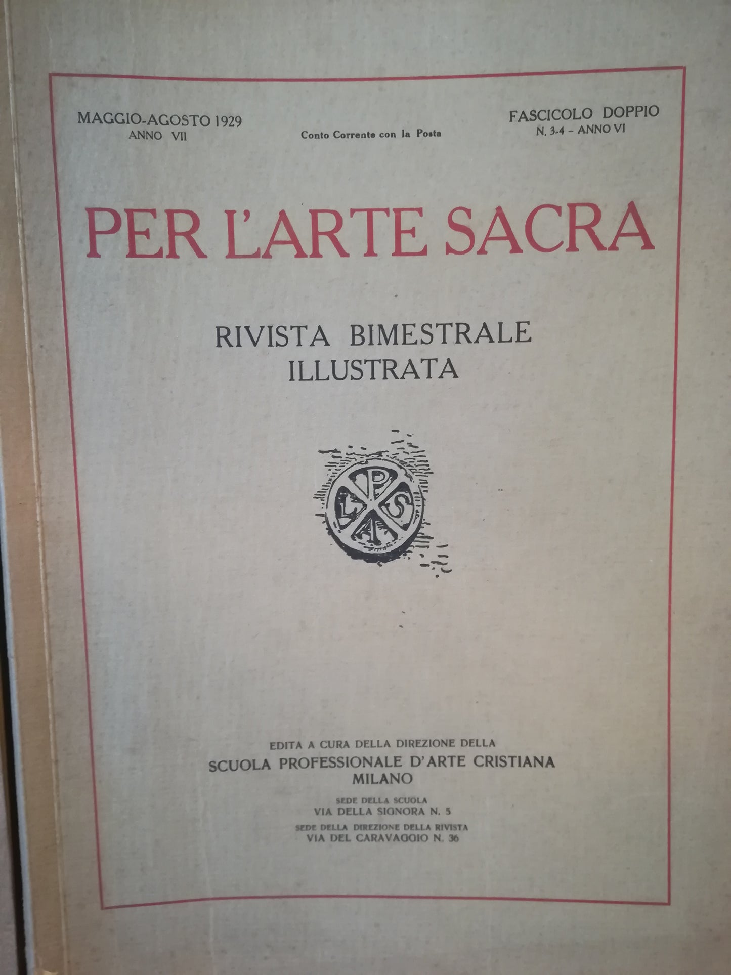 Per l'arte sacra. Rivista bimestrale illustrata. 3-4. Maggio-agosto 1929. - copertina