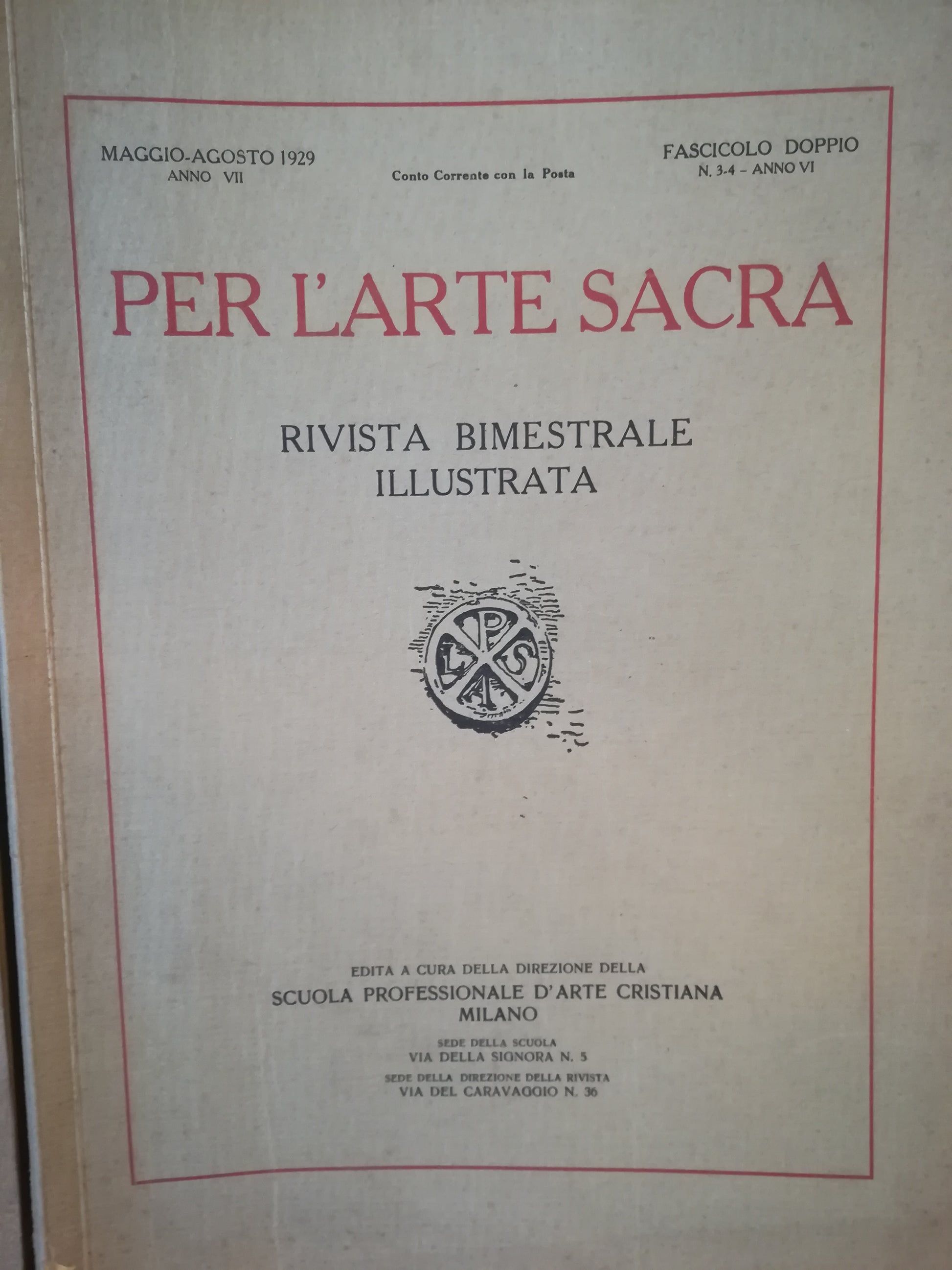Per l'arte sacra. Rivista bimestrale illustrata. 3-4. Maggio-agosto 1929. - copertina
