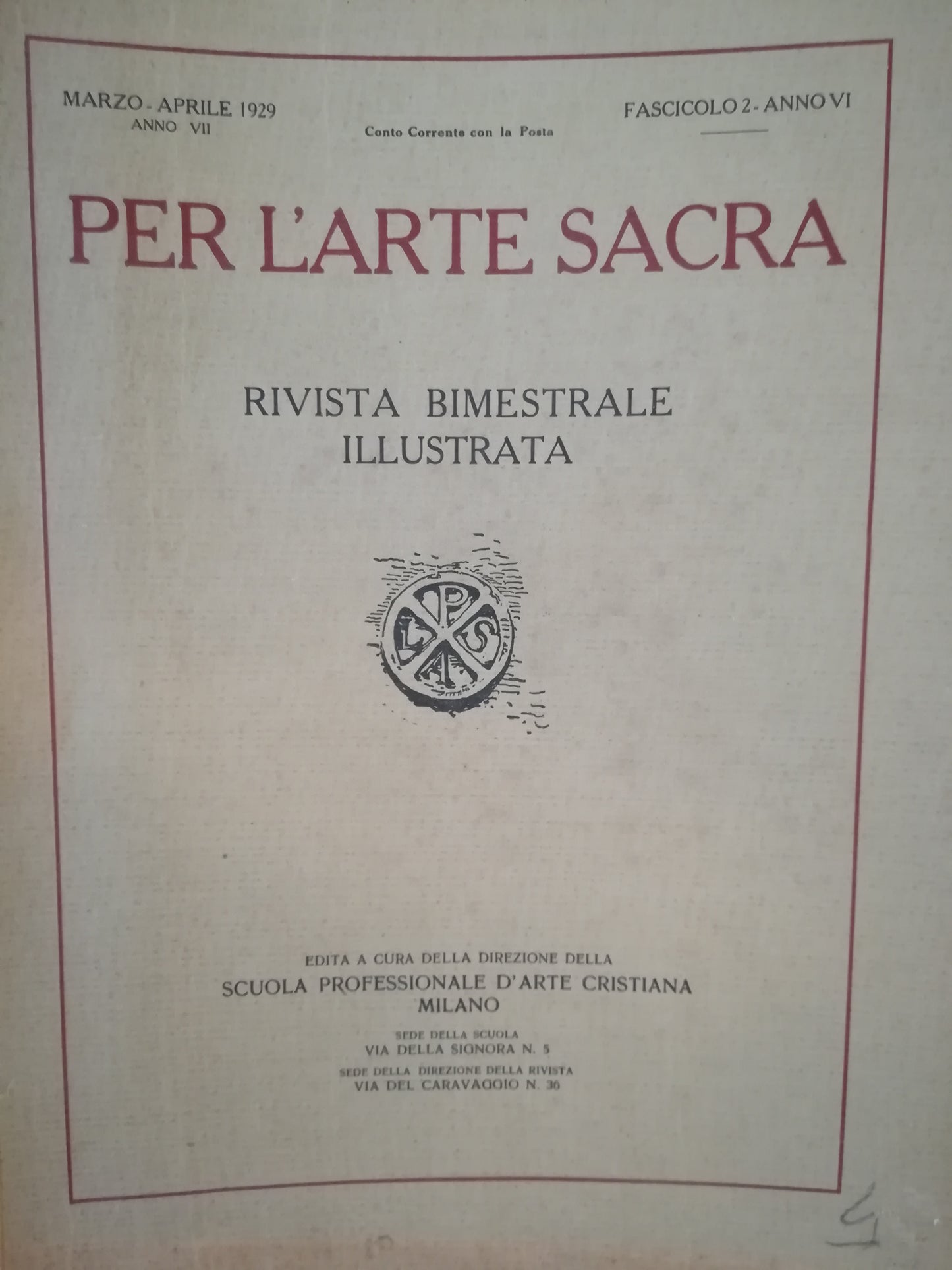 Per l'arte sacra. Rivista bimestrale illustrata. 2. Marzo-aprile 1929. - copertina
