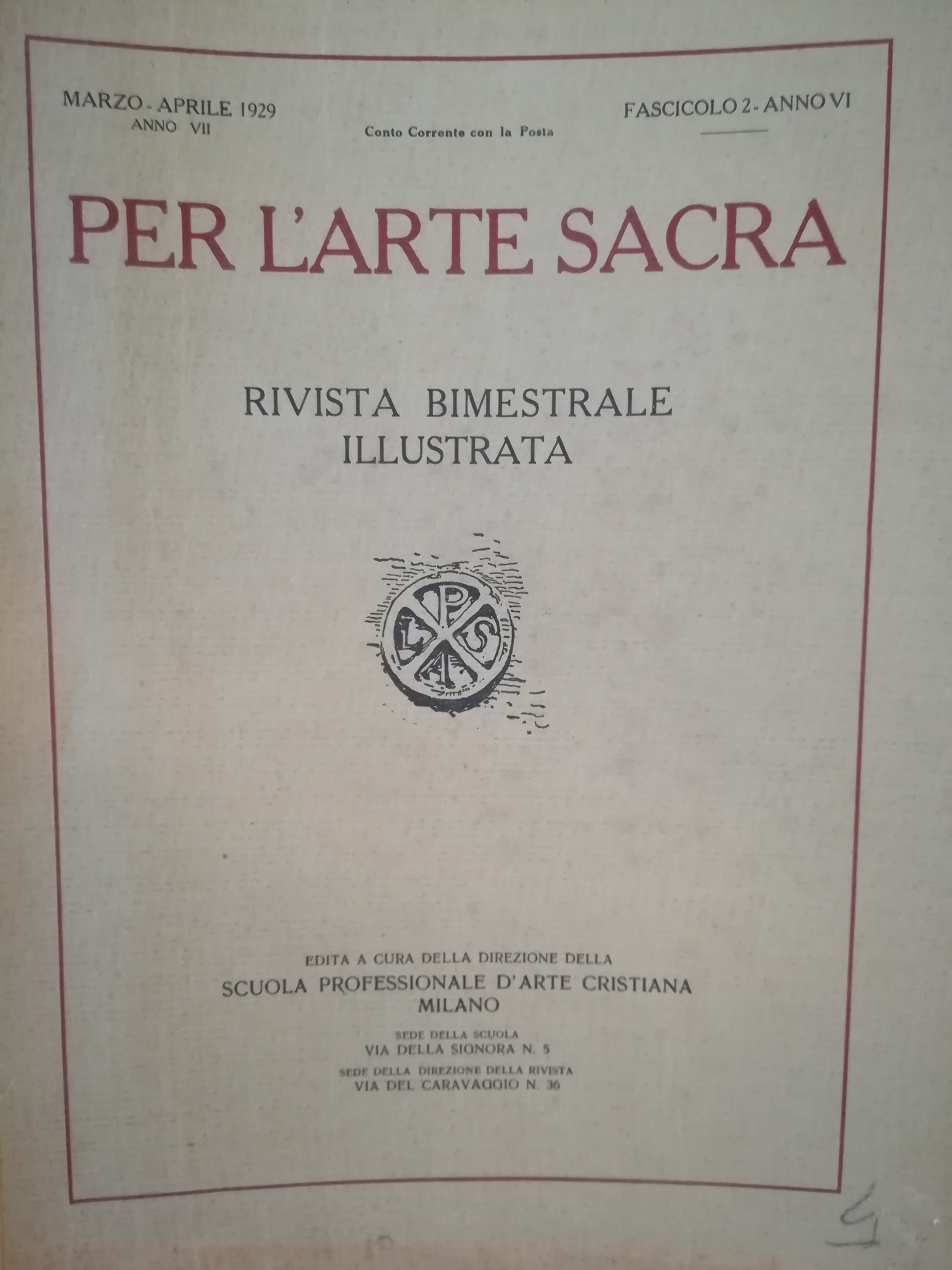 Per l'arte sacra. Rivista bimestrale illustrata. 2. Marzo-aprile 1929. - copertina