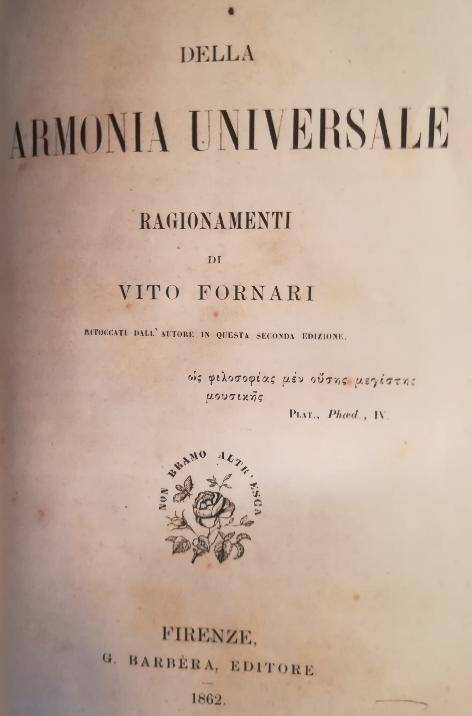Della armonia universale. Ragionamenti di Vito Fornari. - copertina