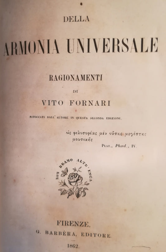 Della armonia universale. Ragionamenti di Vito Fornari. - copertina