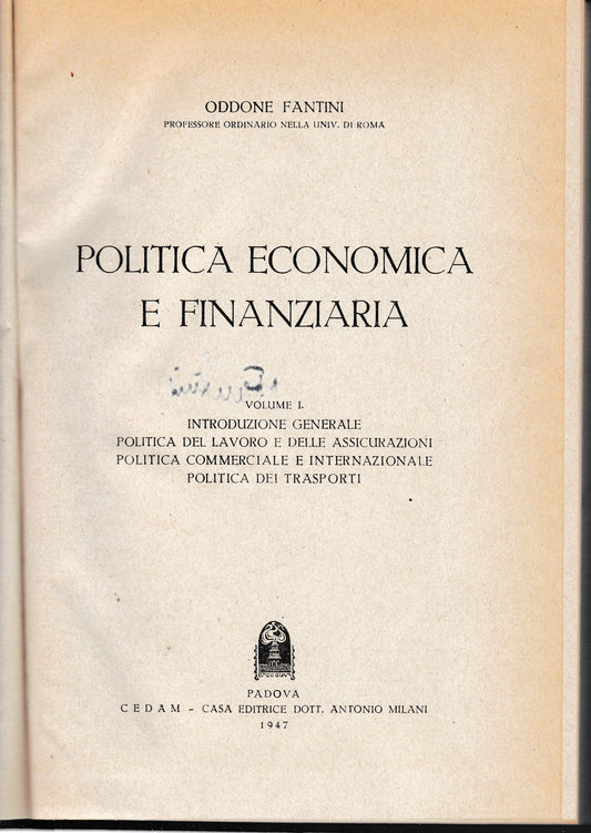 Politica economica e finanziaria. Volume I - copertina