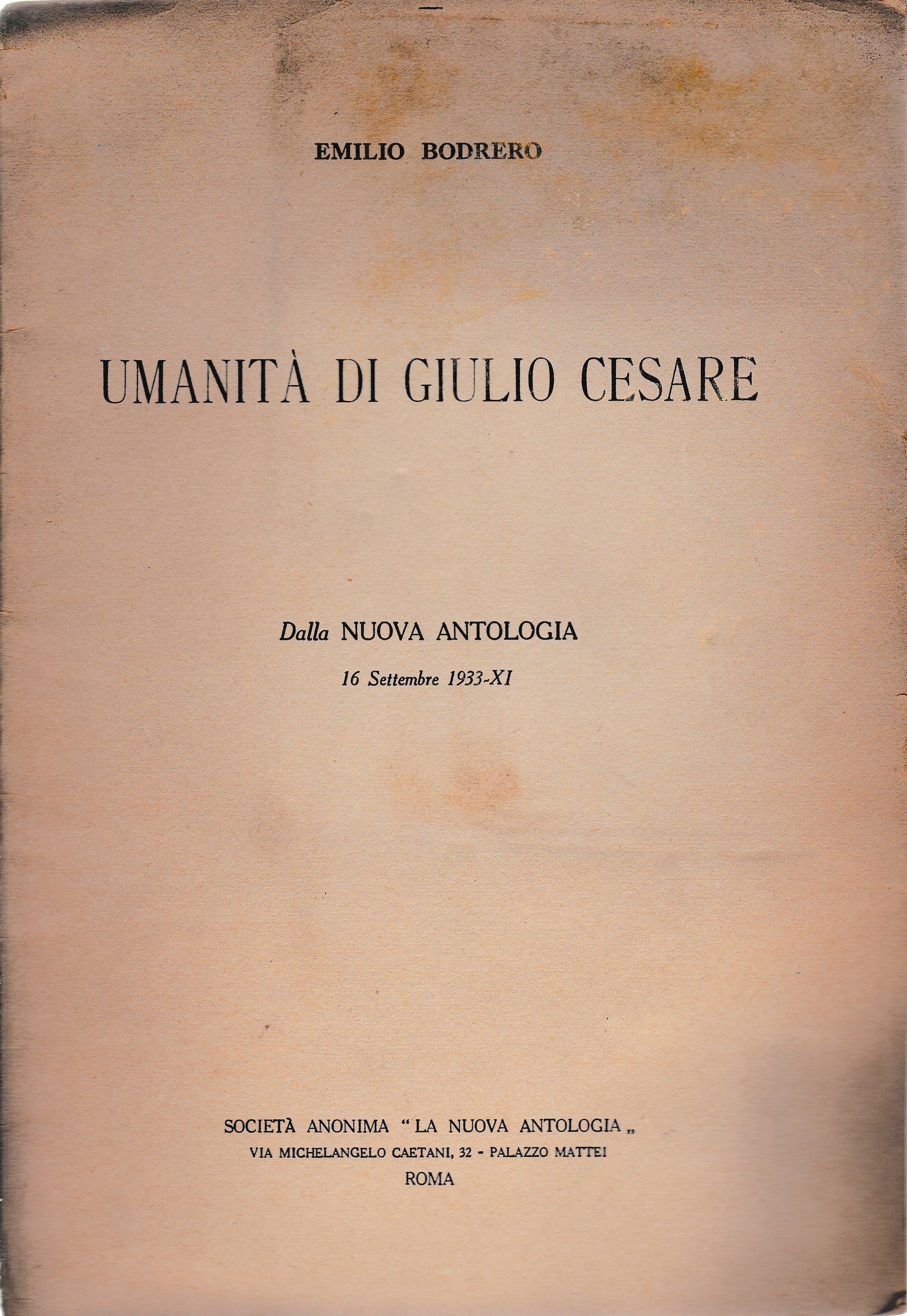 Umanità di Giulio Cesare. Dalla Nuova Antologia 16 Sett. 1933-XI - copertina