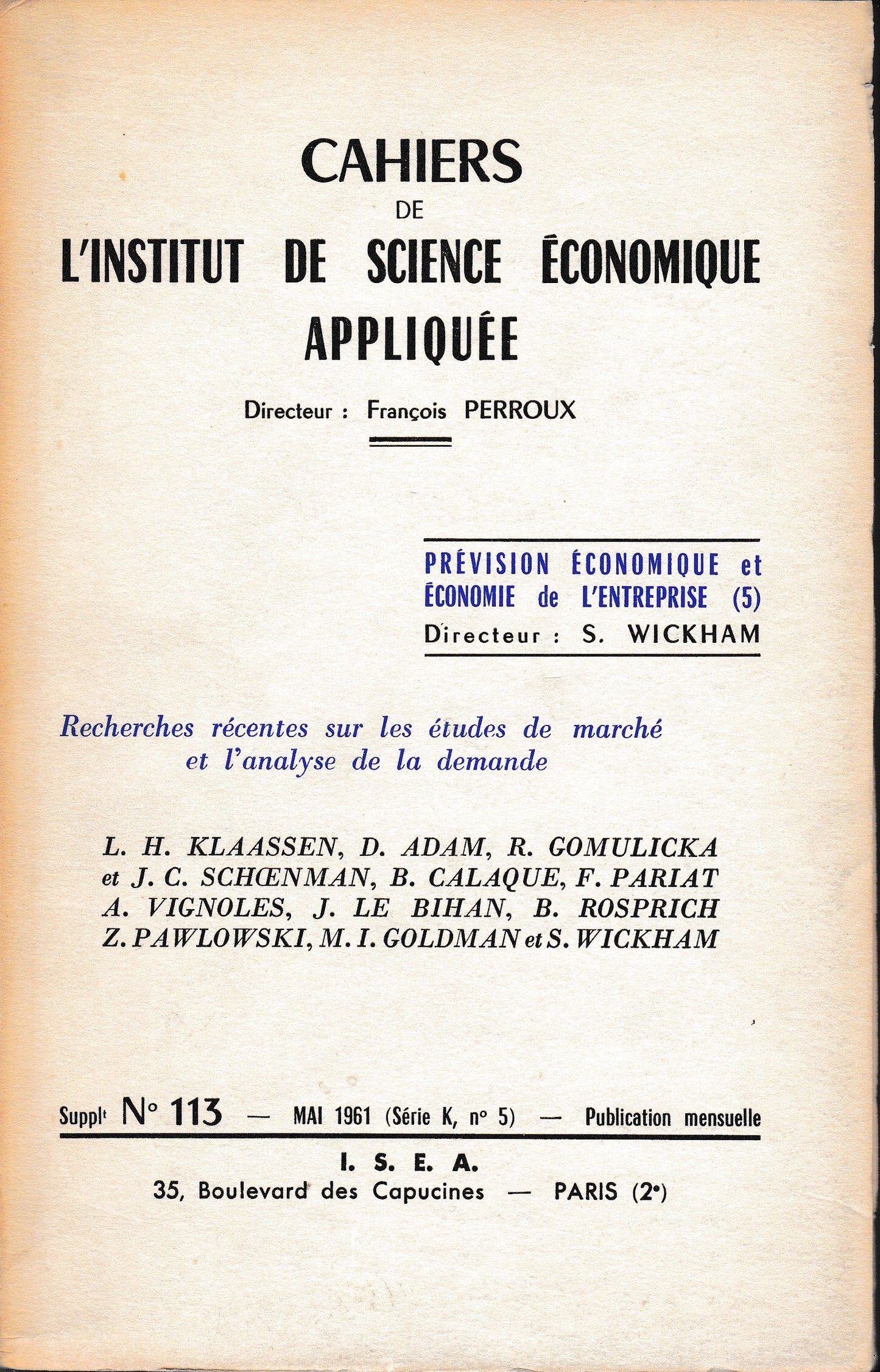 Cahiers de L'institut de science économique Appliques. Suppl. n° 113 Mai 1961 (serie K, n° 5) - copertina