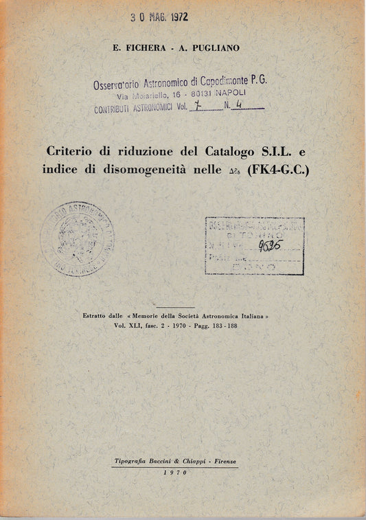 Criterio di riduzione del Catalogo S.I.L. e indice di disomogeneità nelle (FK4-G.C.) - copertina