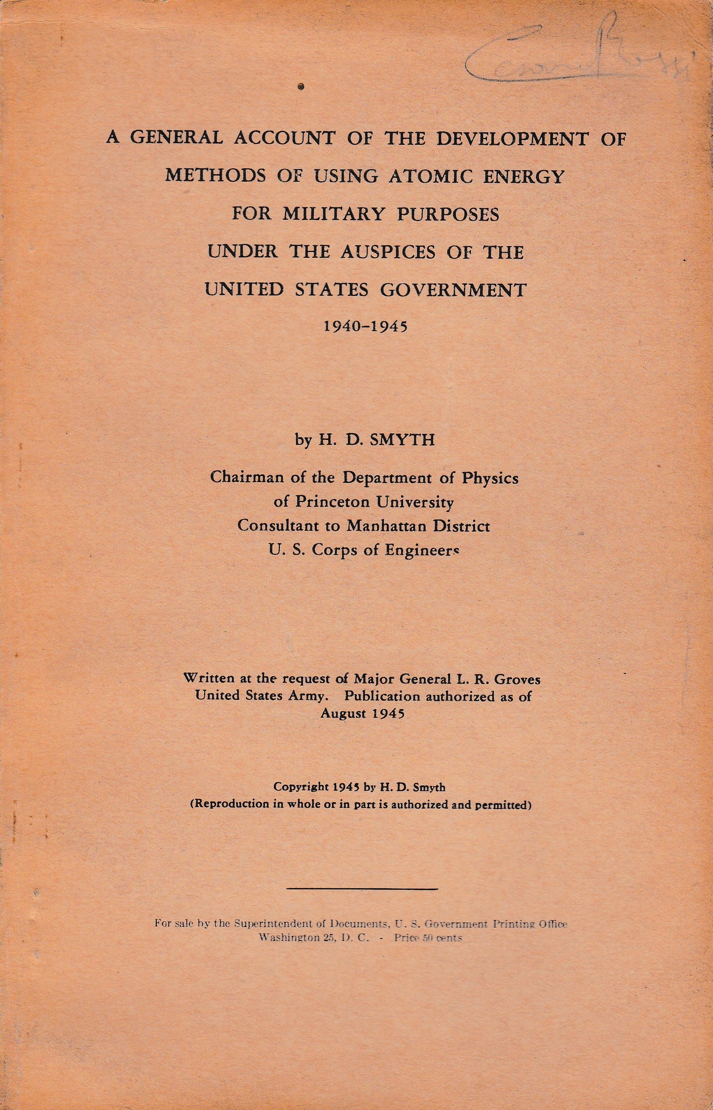 A general account of the development of methods of using atomic energy for military purposes under the auspice of the United States government 1940-1945 - copertina