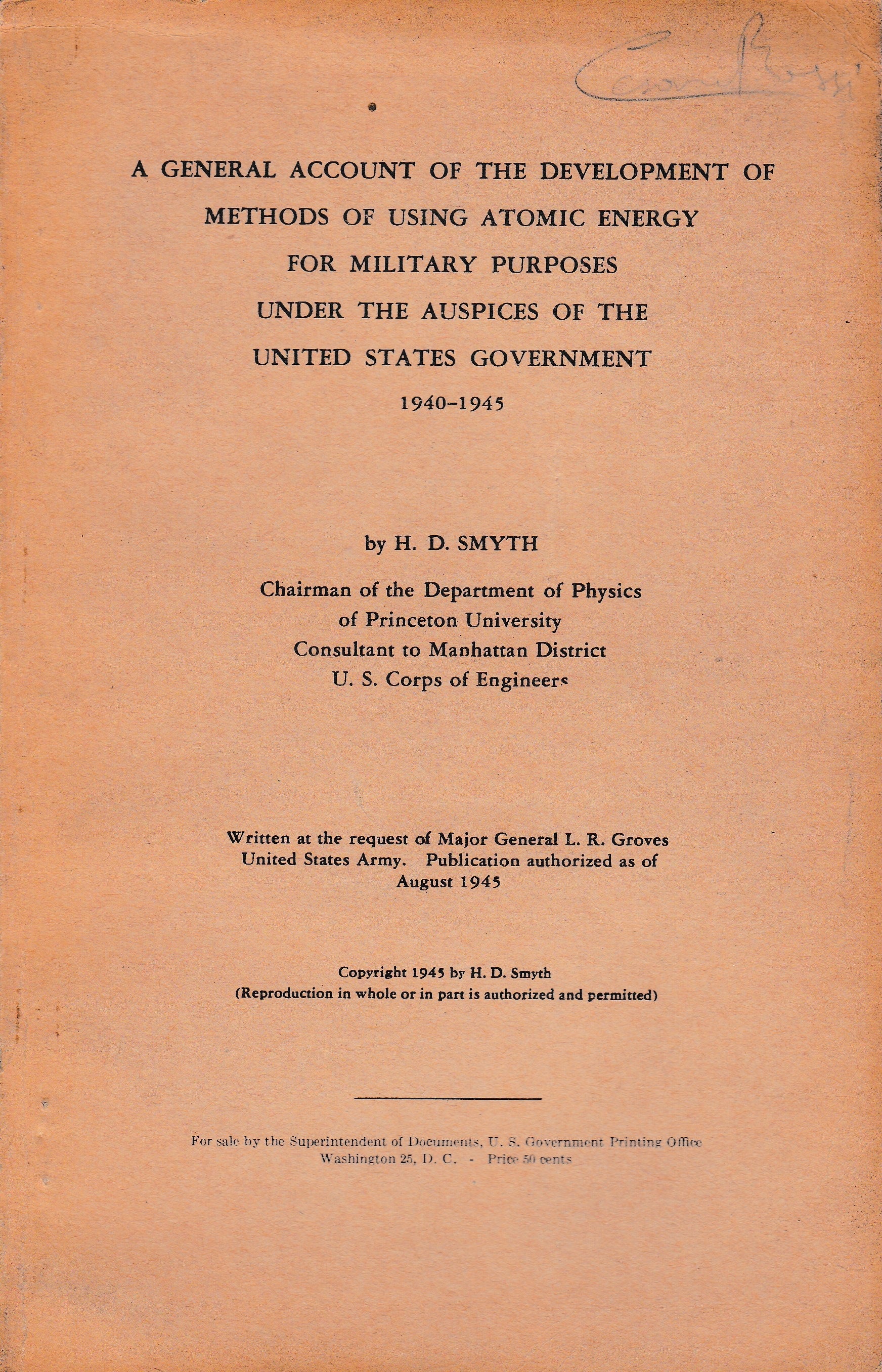 A general account of the development of methods of using atomic energy for military purposes under the auspice of the United States government 1940-1945 - copertina