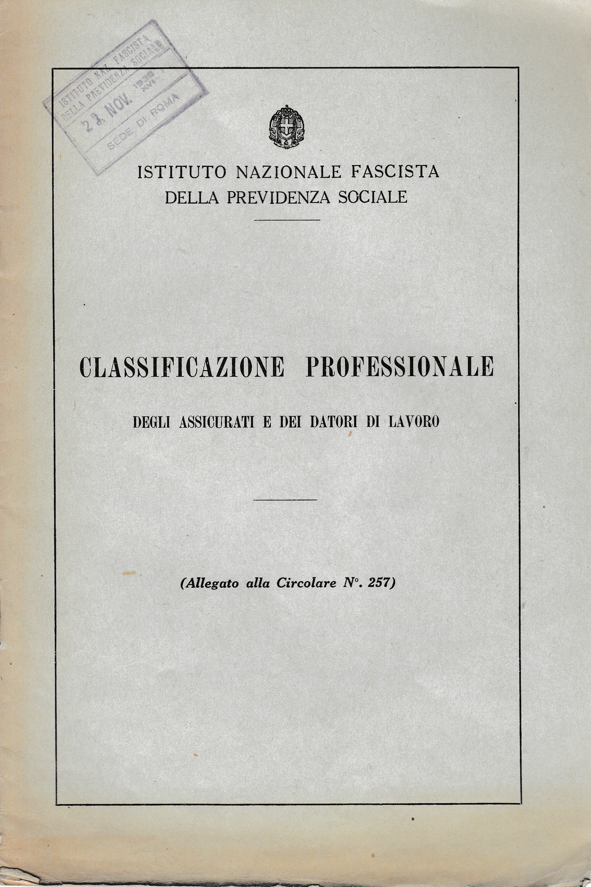 Classificazione Professionale degli assicurati e dei datori di lavoro (allegato alla Circolare n° 257) - copertina