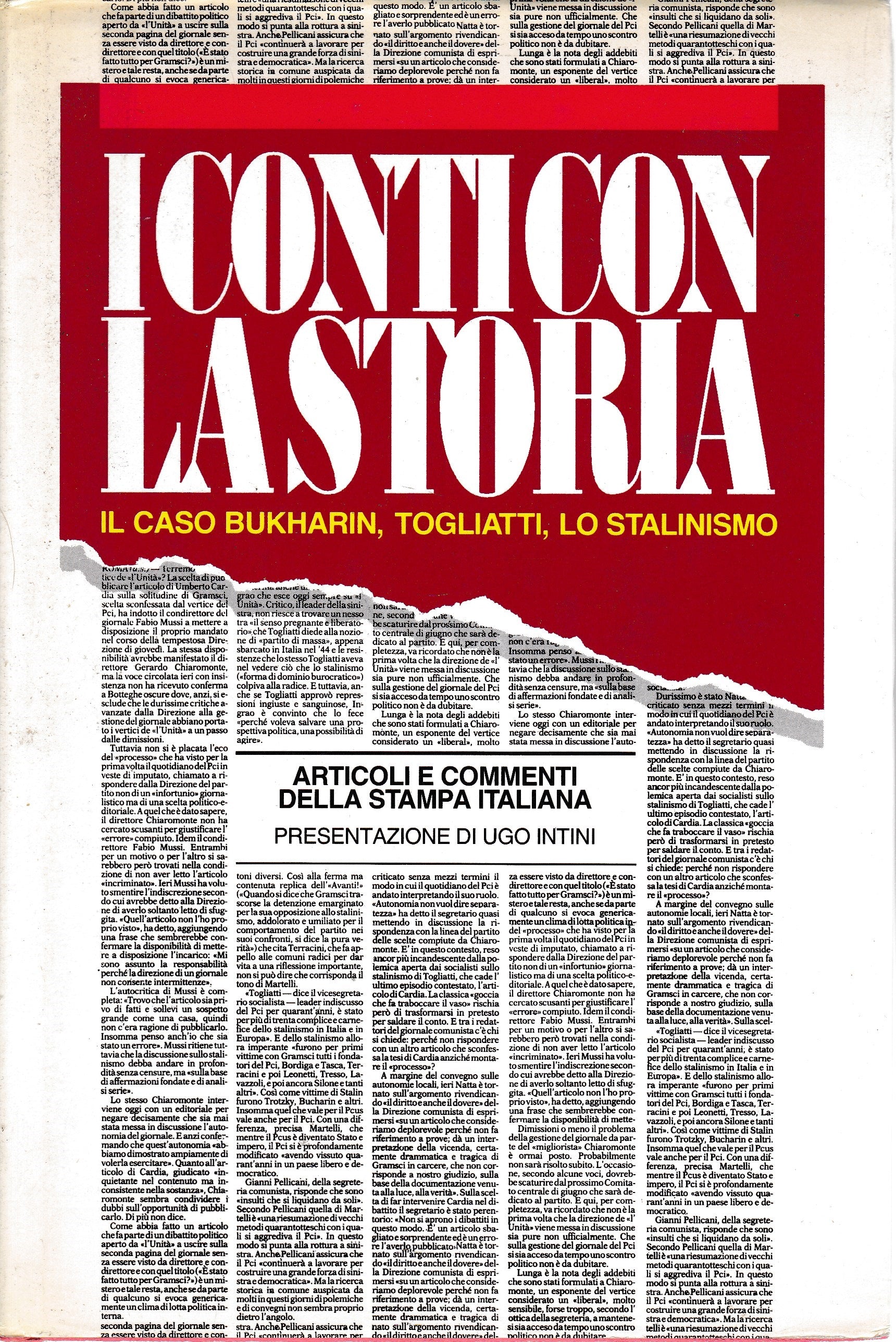 I conti con la storia. Il caso Bukharin, Togliatti, lo stalinismo. Suplemento al n° 2 di "Argomenti Socialisti" - copertina