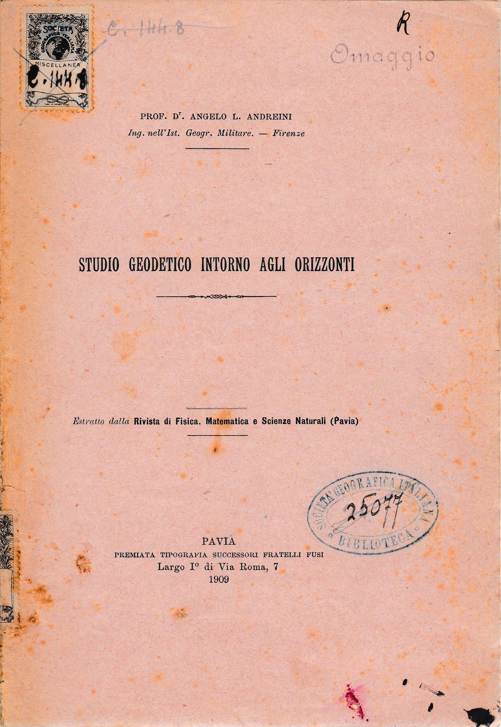 Studio Geodetico intorno agli orizzonti. Estratto dalla Rivista di Fisica, Matematica e Scienze Naturali (Pavia) - copertina