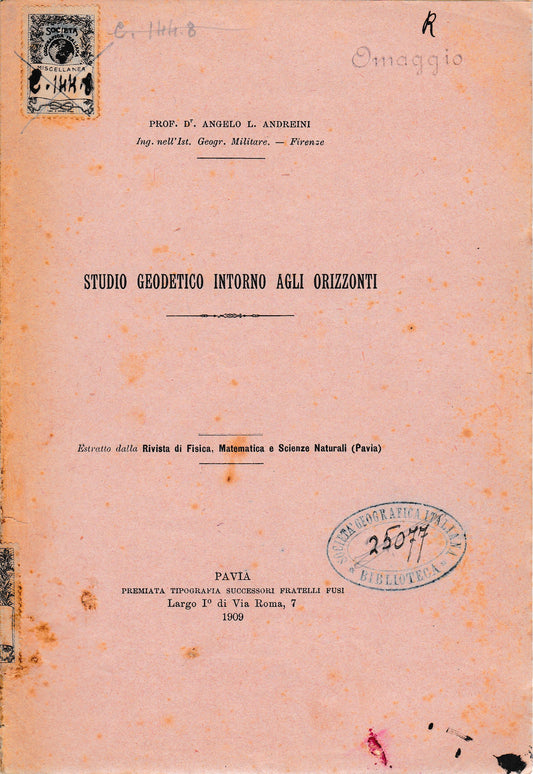 Studio Geodetico intorno agli orizzonti. Estratto dalla Rivista di Fisica, Matematica e Scienze Naturali (Pavia) - copertina