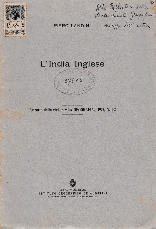 L'India Inglese. Estratto dalla rivista"La Geografia" 1927 n. 1/2 - copertina