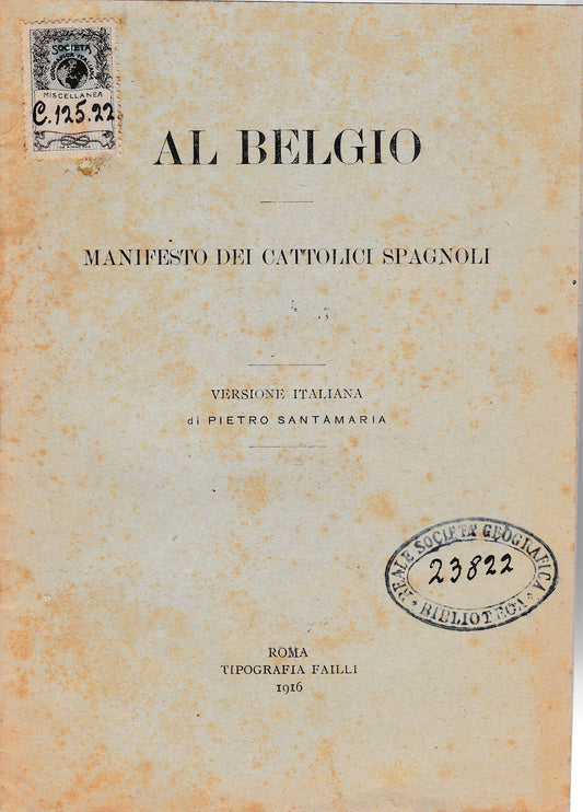 Al Belgio. Manifesto dei cattolici spagnoli. Versione italiana di P. Santamaria - copertina