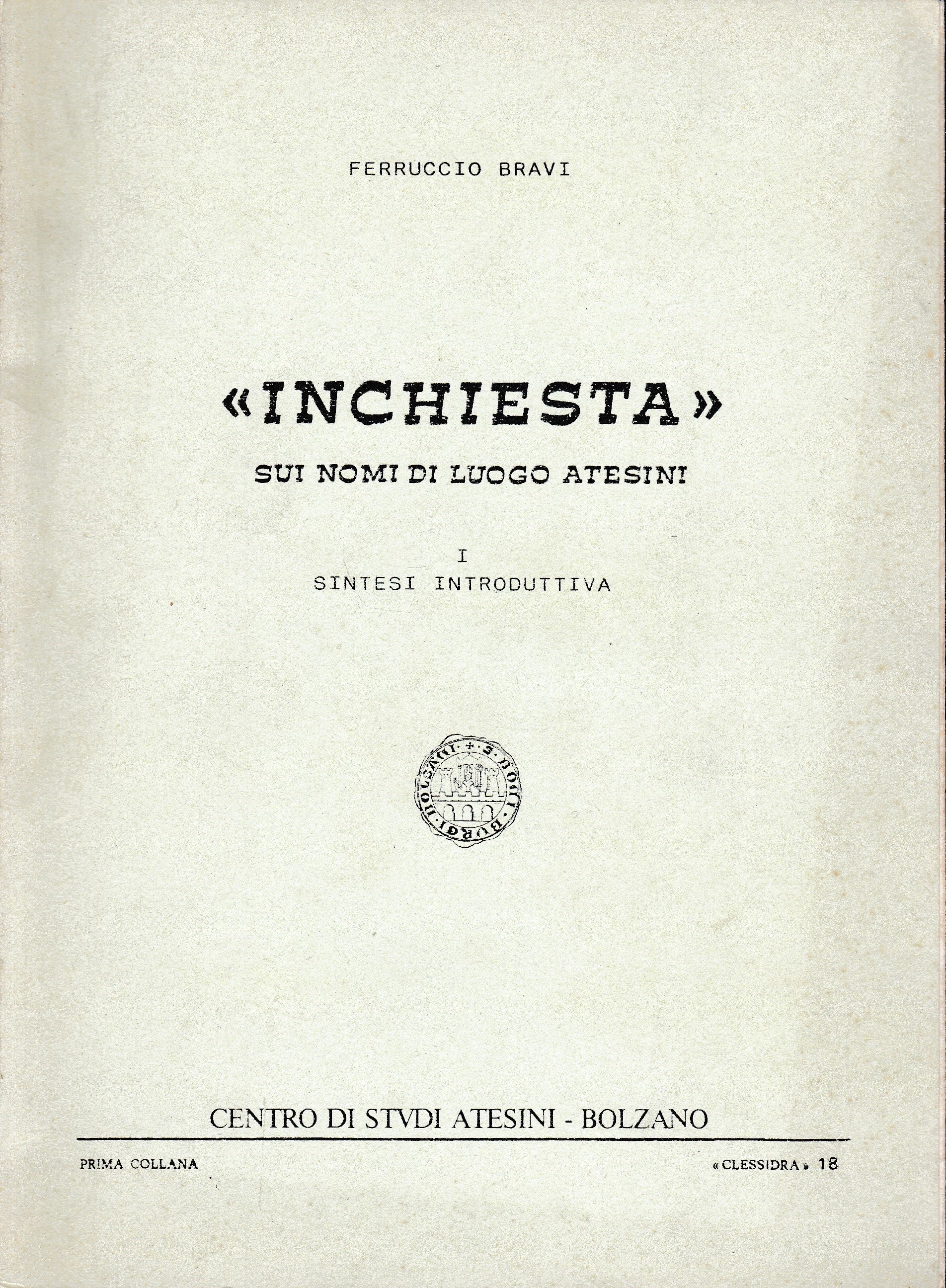 Inchiesta sui nomi di luogo Atesini - copertina