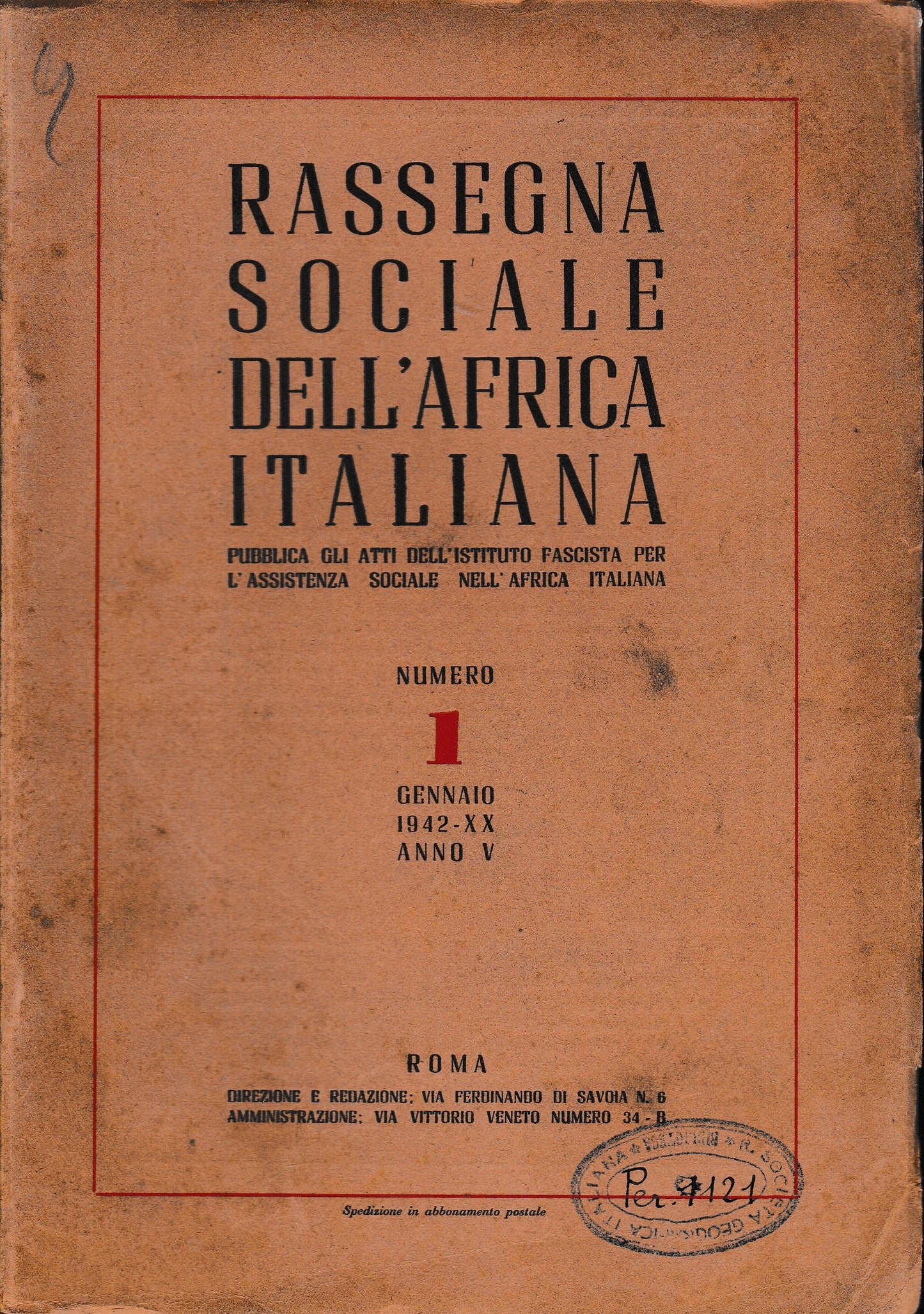 Rassegna Sociale dell'Africa Italiana n. 1 Gennaio 1942 - XX anno V - copertina