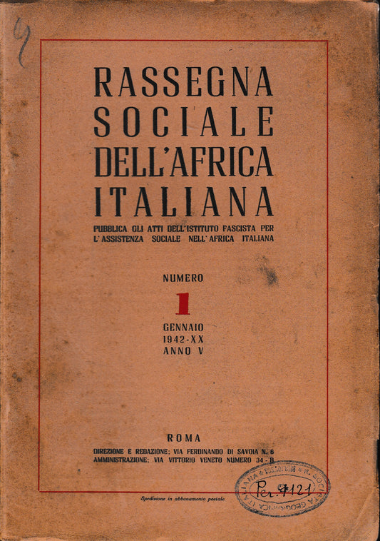 Rassegna Sociale dell'Africa Italiana n. 1 Gennaio 1942 - XX anno V - copertina