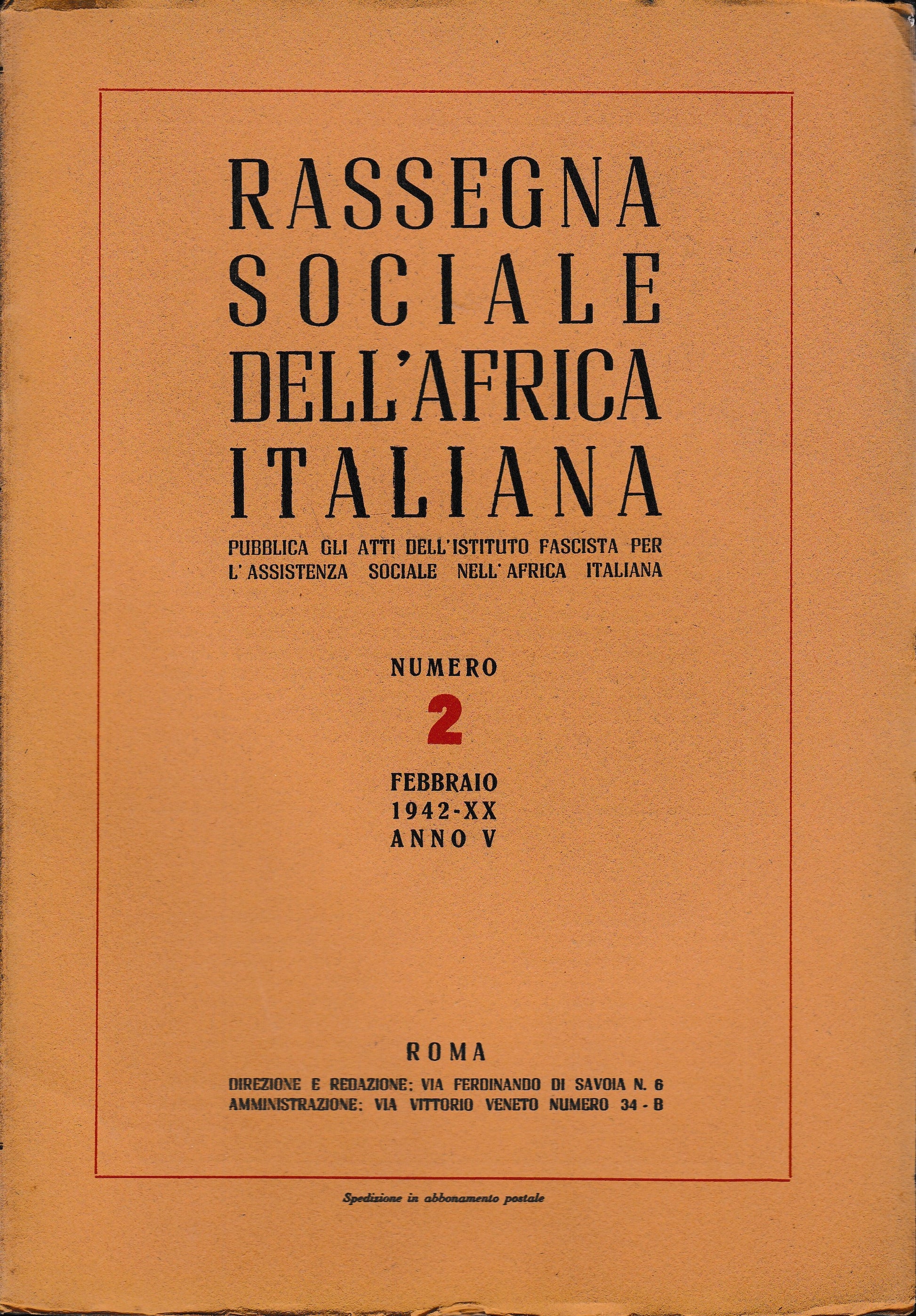 Rassegna Sociale dell'Africa Italiana n. 2 Febbraio 1942 - XX anno V - copertina