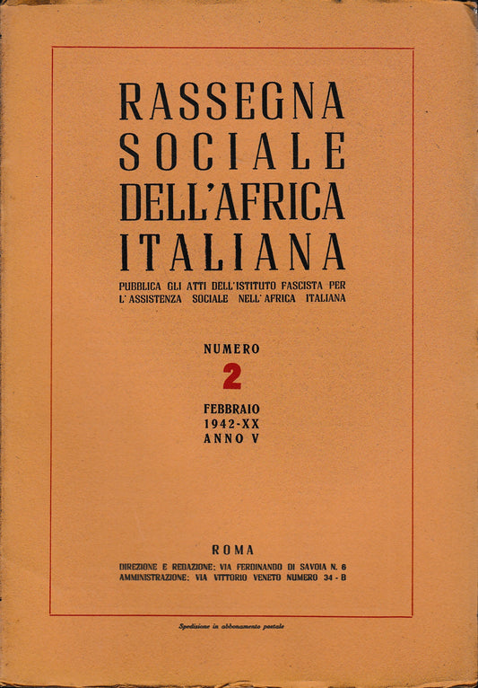 Rassegna Sociale dell'Africa Italiana n. 2 Febbraio 1942 - XX anno V - copertina