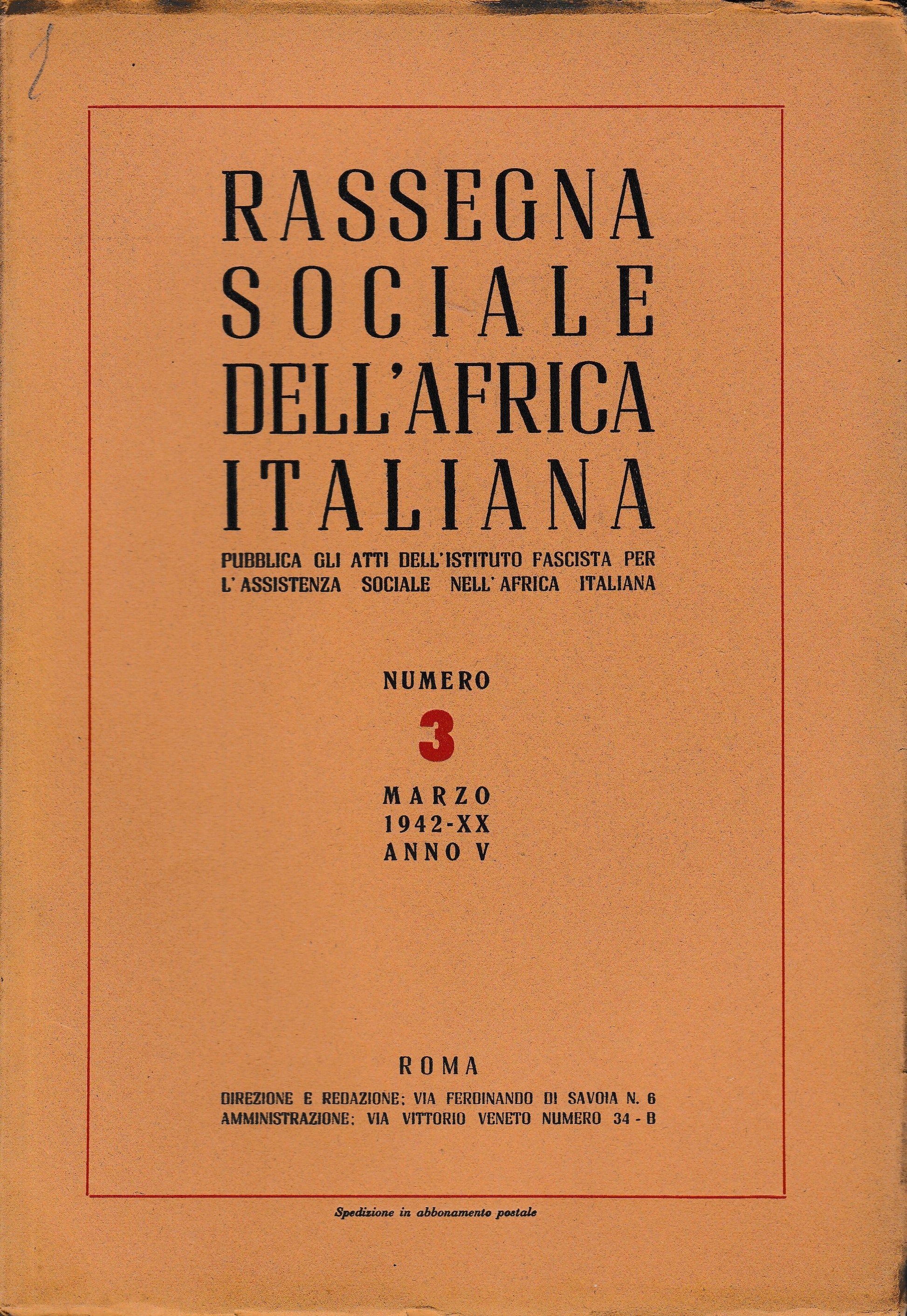 Rassegna Sociale dell'Africa Italiana n. 3 Marzo 1942 - XX anno V - copertina