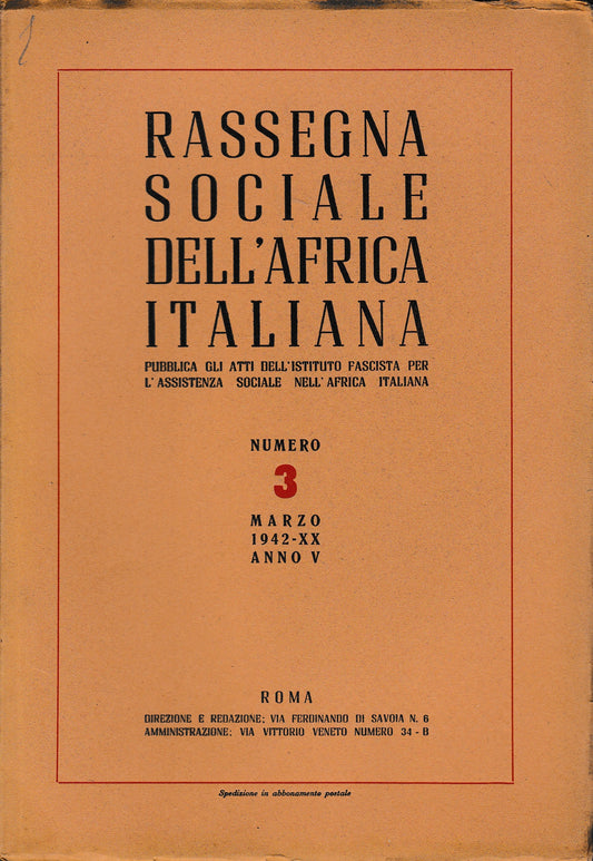 Rassegna Sociale dell'Africa Italiana n. 3 Marzo 1942 - XX anno V - copertina