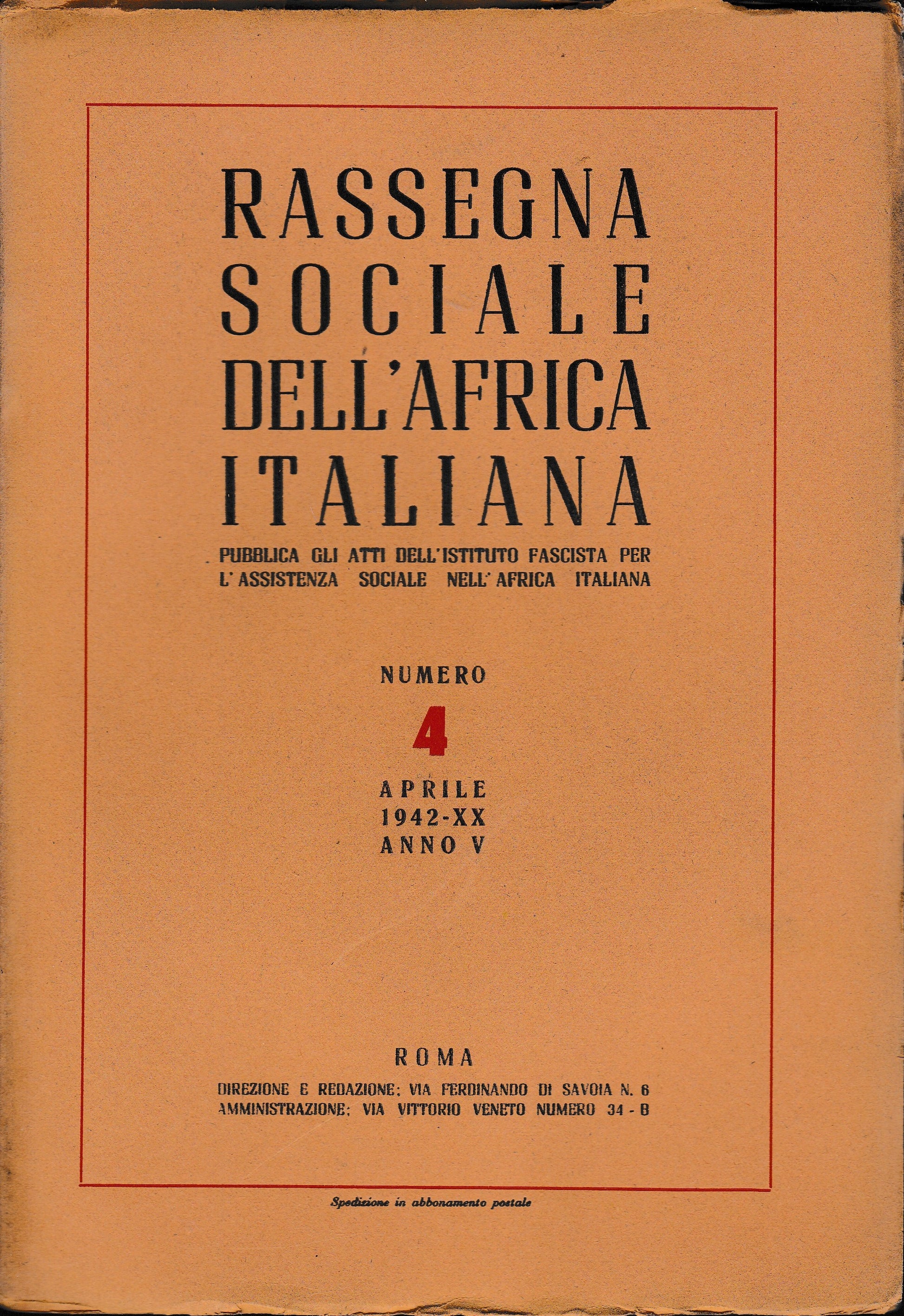 Rassegna Sociale dell'Africa Italiana n. 4 Aprile 1942 - XX anno V     Stab. Tip. Europa - copertina
