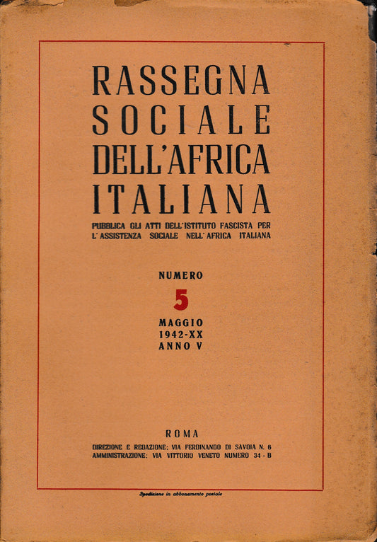 Rassegna Sociale dell'Africa Italiana n. 5 Maggio 1942 - XX anno V     Stab. Tip. Europa - copertina