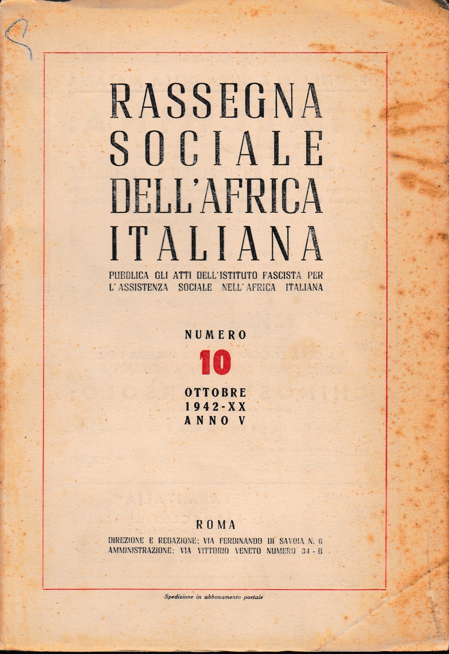 Rassegna Sociale dell'Africa Italiana n. 10 Ottobre 1942 - XX anno V - copertina