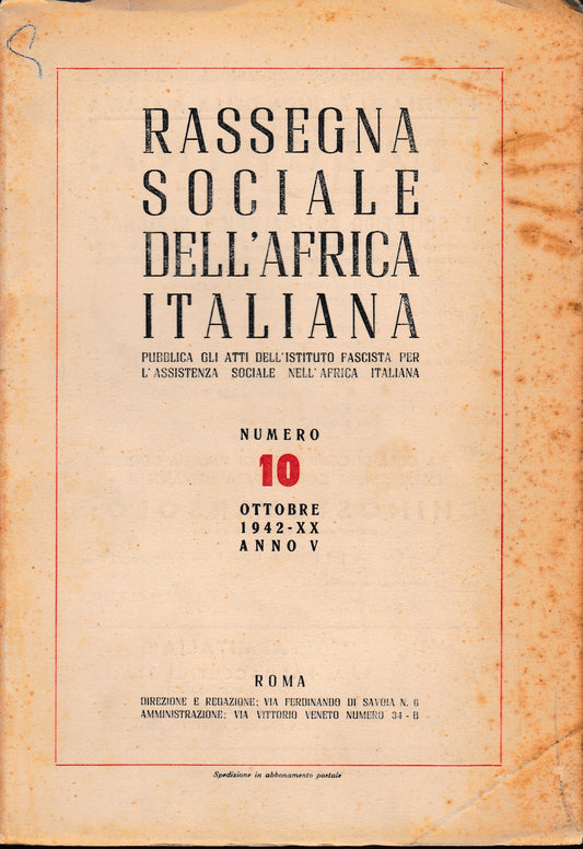 Rassegna Sociale dell'Africa Italiana n. 10 Ottobre 1942 - XX anno V - copertina