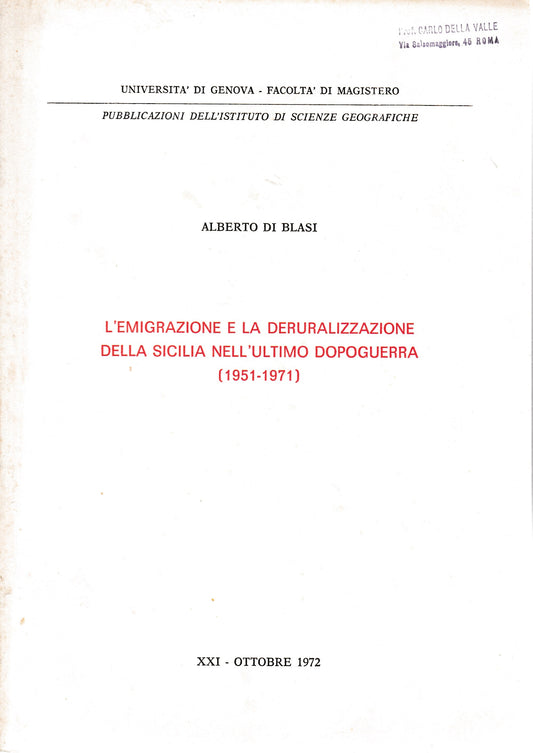 L'emigrazione e la deruralizzazione della Sicilia nell'ultimo dopoguerra (1951-1971) - copertina
