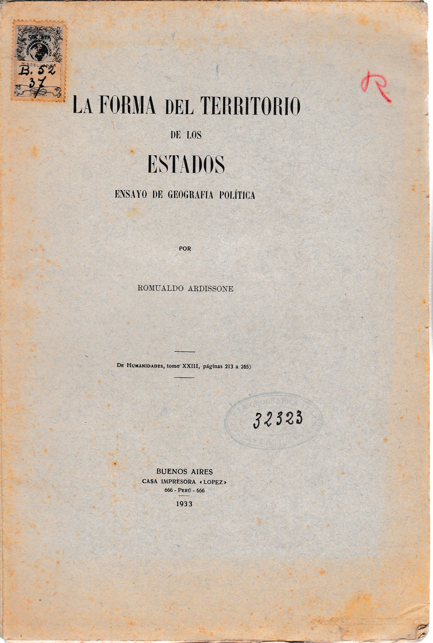 La forma del territorio de los estados. Ensayo de geografia polìtica - copertina