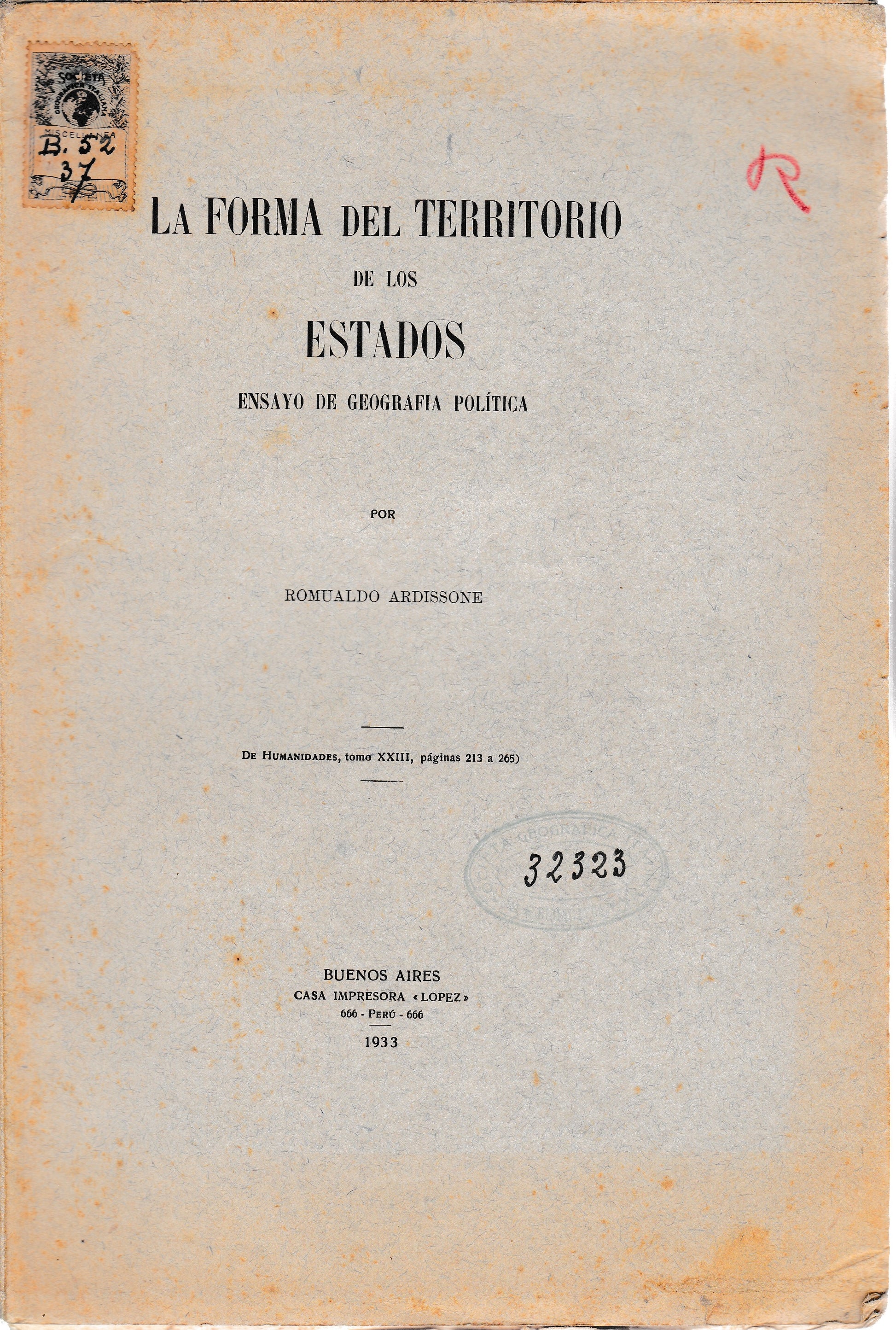 La forma del territorio de los estados. Ensayo de geografia polìtica - copertina