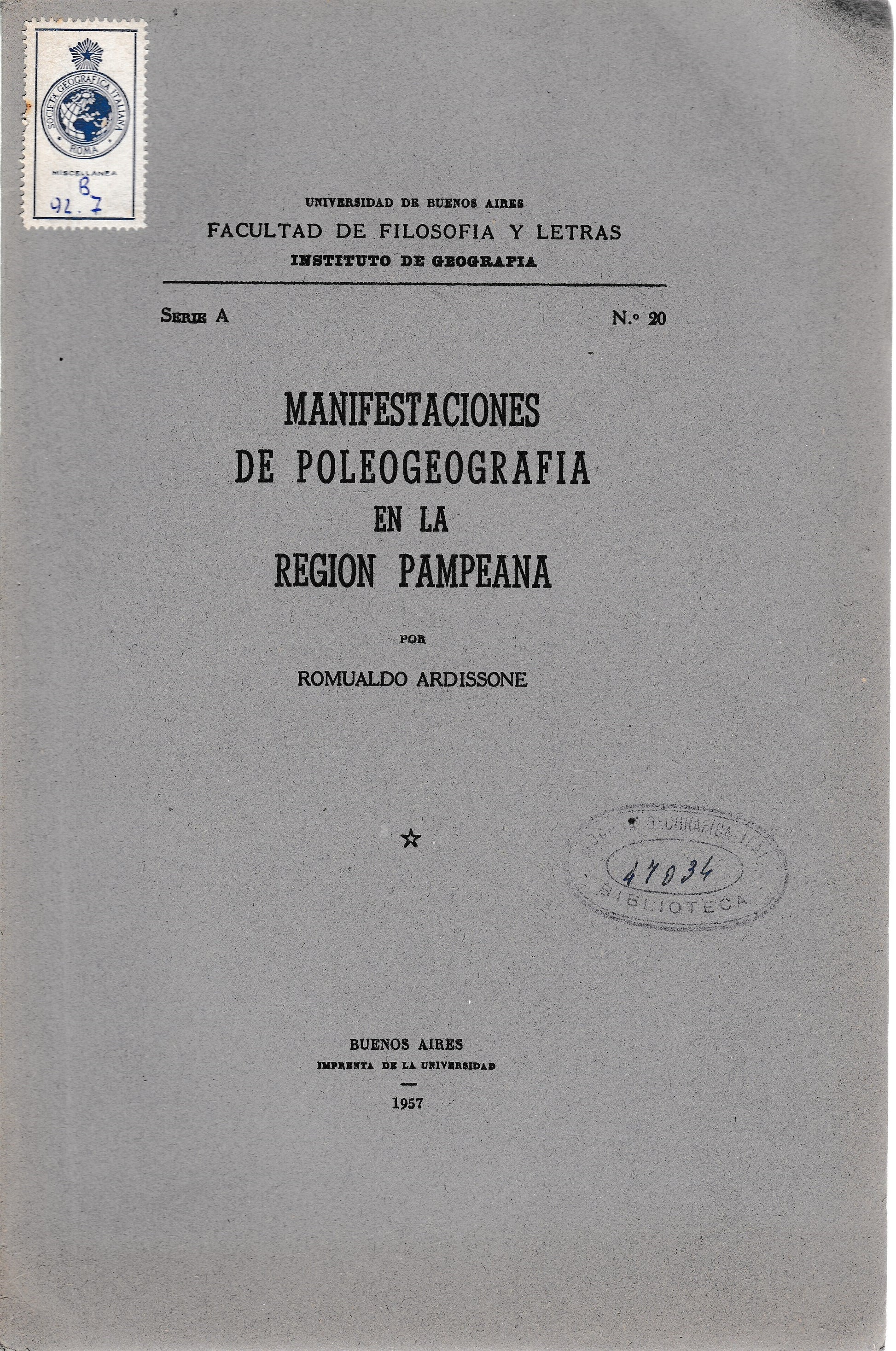 Manifestaciones de Poleogeografia en la region Pampeana serie A n. 20 - copertina