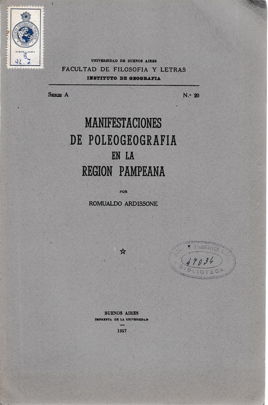 Manifestaciones de Poleogeografia en la region Pampeana serie A n. 20 - copertina