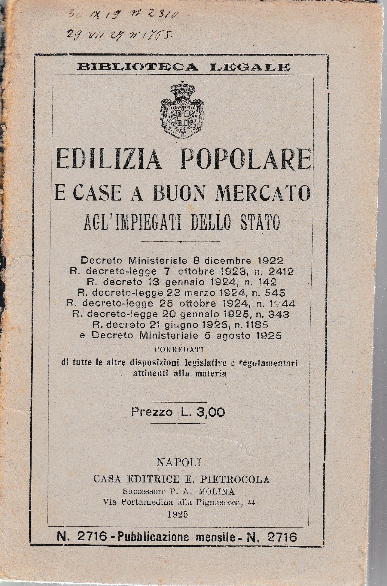Edilizia popolare e case a buon mercato agl'impiegati dello Stato - copertina