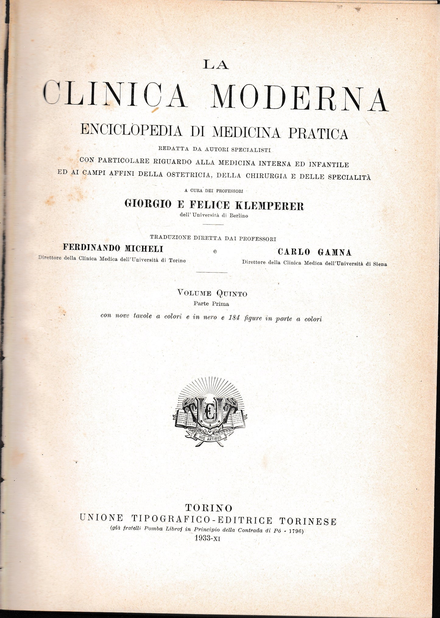 La clinica moderna. Enciclopedia di medicina pratica vol 5° prima parte L-M - copertina
