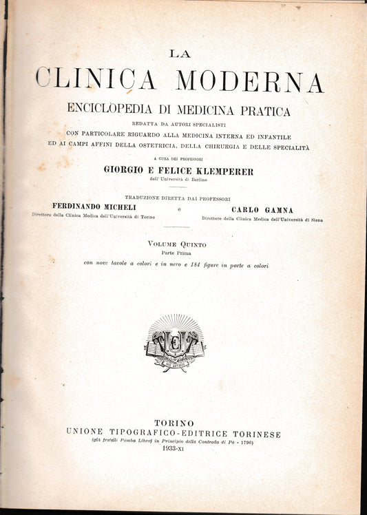 La clinica moderna. Enciclopedia di medicina pratica vol 5° prima parte L-M - copertina